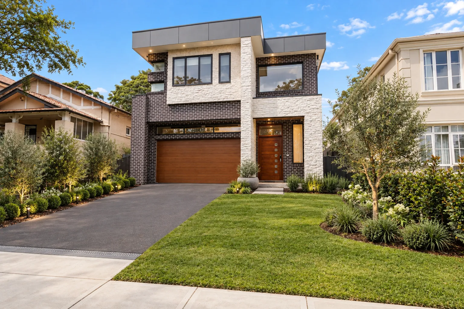 Street view of a Walter Homes project in Chatswood, with dark brick, stone cladding and timber garage door