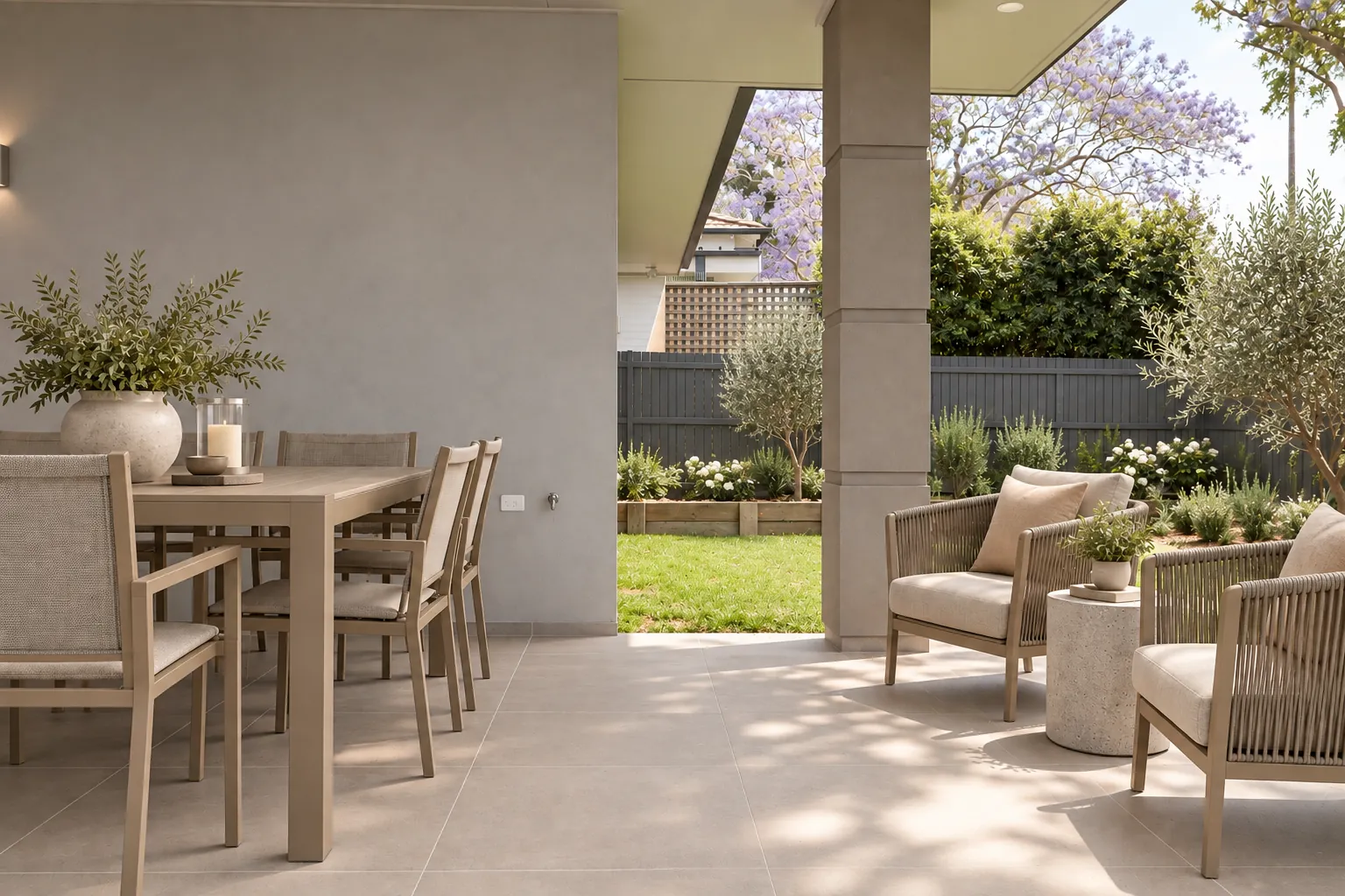 Covered alfresco dining and lounge area beside the garden, at a Walter Homes project in Willoughby